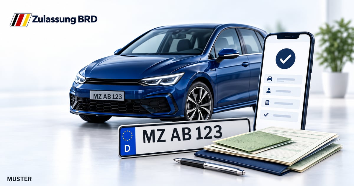 Online Fahrzeugzulassung in Ingelheim am Rhein: Musterkennzeichen MZ AB 123, Auto und Fahrzeugpapiere und Smartphone. Illustration mit Logo von Zulassung BRD.